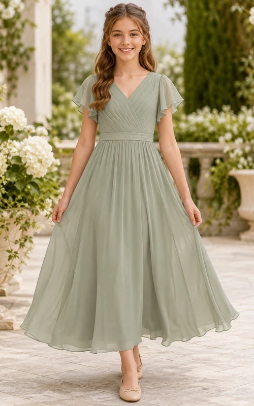 Elegantes Brautjungfernkleid in Celadon-Optik, A-Linie, V-Ausschnitt, kurze Ärmel