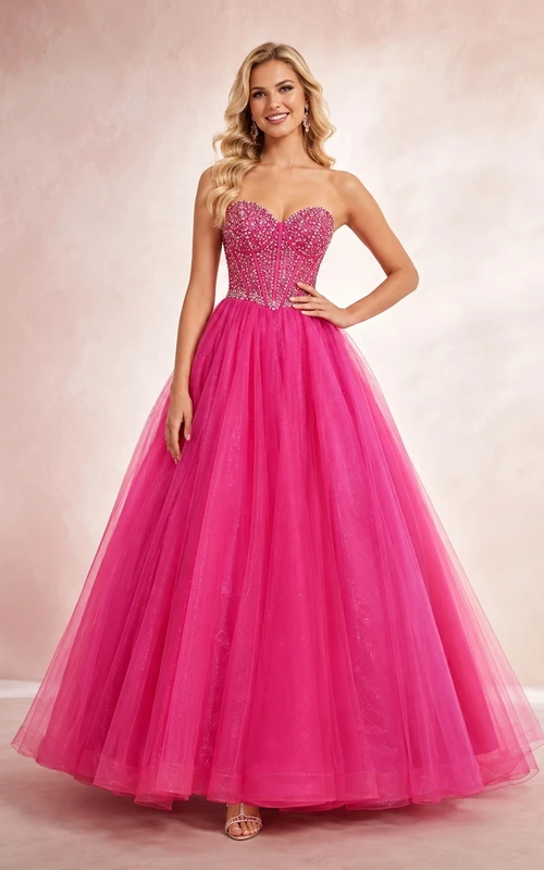 Luxury Fuchsia Tulle One-Shoulder Sweetheart Sequined Ball Gown Prom Quinceanera Dress