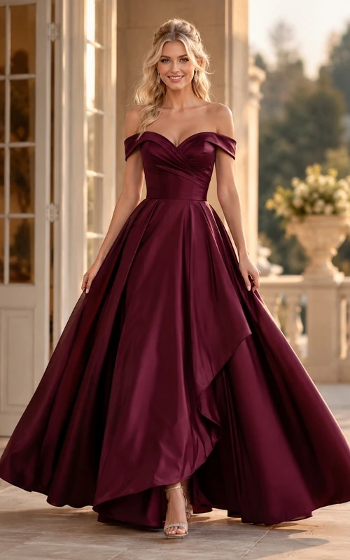 Burgundy Prom Satin Off-Shoulder Ball Gown Formal Evening Dress