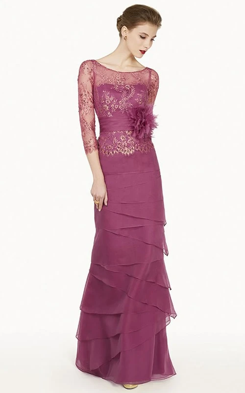 Etuikleid aus Chiffon mit 3-4 Ärmeln, bodenlang, floralem Rundhalsausschnitt und Stickereien
