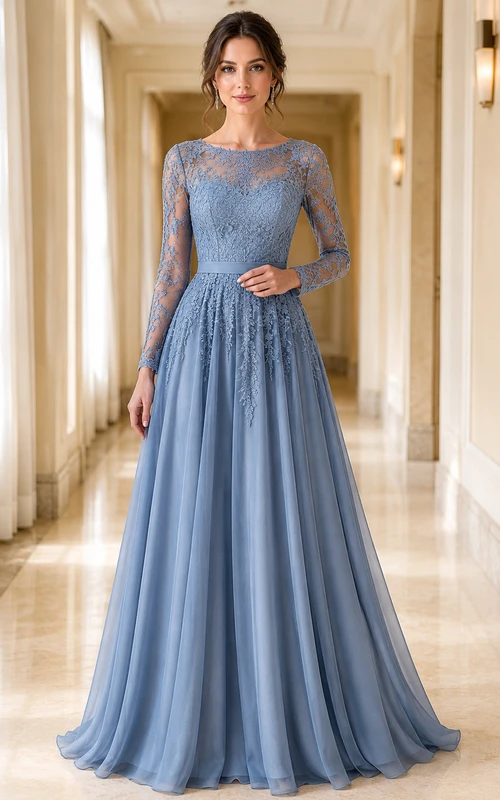 Robe de bal modeste à manches longues en mousseline de soie bleu poudré et dentelle