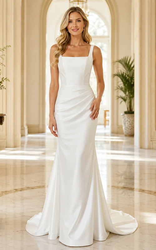 Robe de mariée moderne sirène en satin, sans manches, longueur au sol, coupe carrée, style architectural