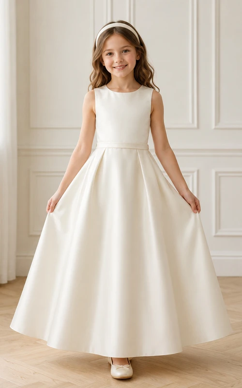 Simple Satin Button Back A-Line Flower Girl Dress with Jewel Neck, Tea-Length Skirt and Pleated Skirt