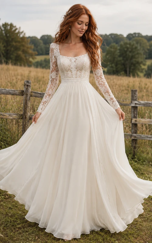 Robe de mariée bohème en tulle et dentelle à manches longues et col carré