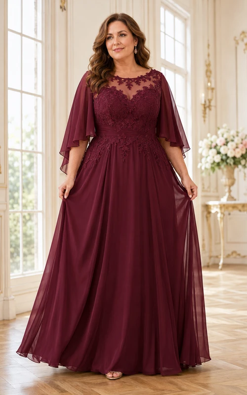 MOB Dress Burgundy Chiffon Lace A-Line Short Sleeve Bateau Neck Floor Length Cape Sleeve Detail