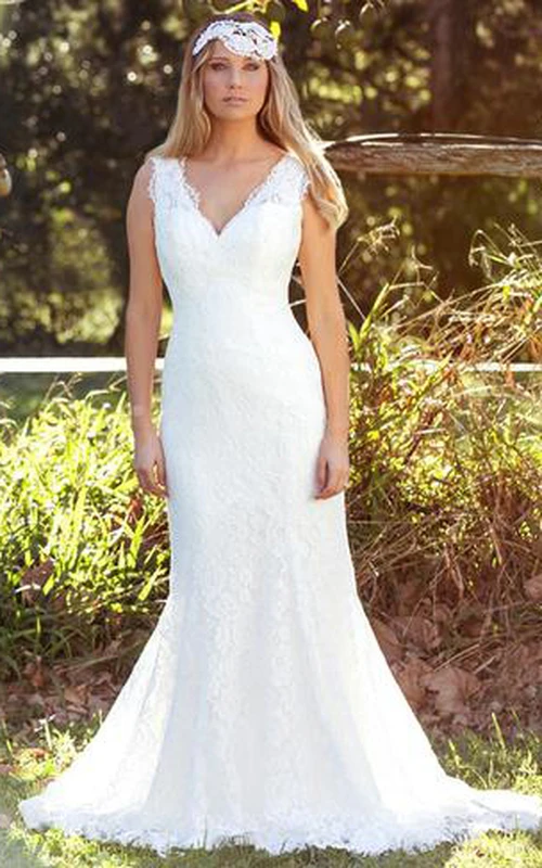 Robe de mariée trompette sans manches en dentelle, col en V et dos en V
