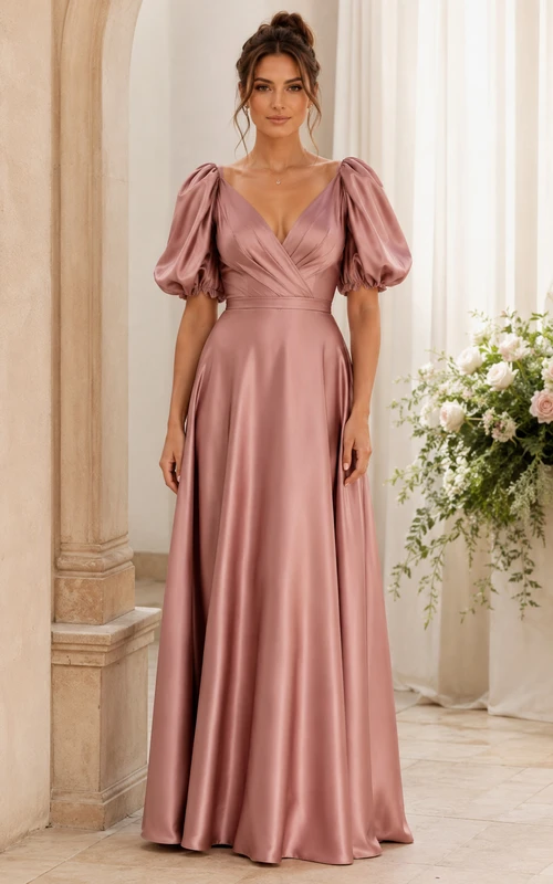 Dusty Rose V-neck Puff Sleeve Satin Bridesmaid Dress
