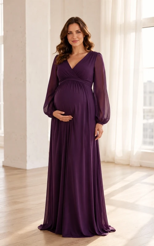 Plum Maternity V-Neck Long Sleeve Empire Chiffon Formal Gown