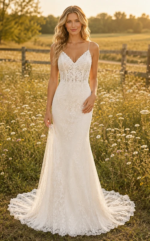 Vestido de novia de encaje campestre, estilo sirena, con tirantes finos, cola de capilla y espalda baja en V.