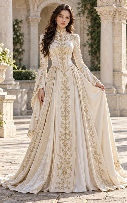 Vintage Medieval High Neck Long Sleeve Embroidered Satin Wedding Dress