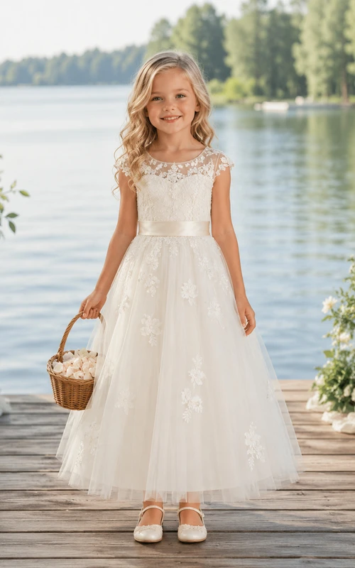 A-Line Flowergirl Lace Tulle Floor-Length Sleeveless Floral Applique Lakeside Wedding Dress