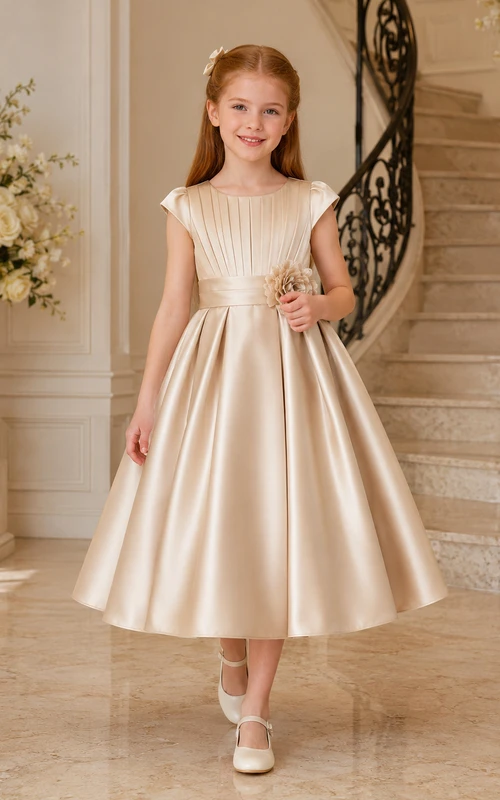 Robe de demoiselle d'honneur champêtre en satin champagne, manches courtes plissées, longueur thé, coupe trapèze, avec nœud.
