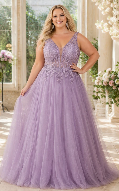 Lavender Plus Size V Neck Tulle Ball Gown Dress