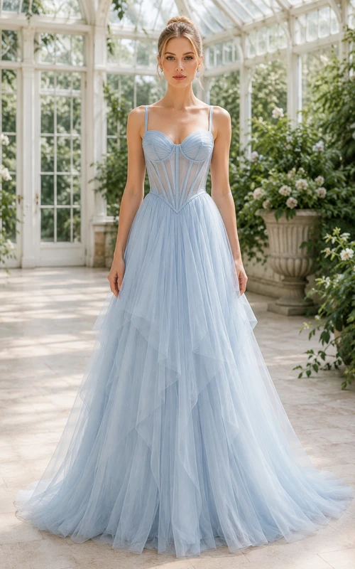 Sky Blue Lace Tulle A-Line Formal Dress