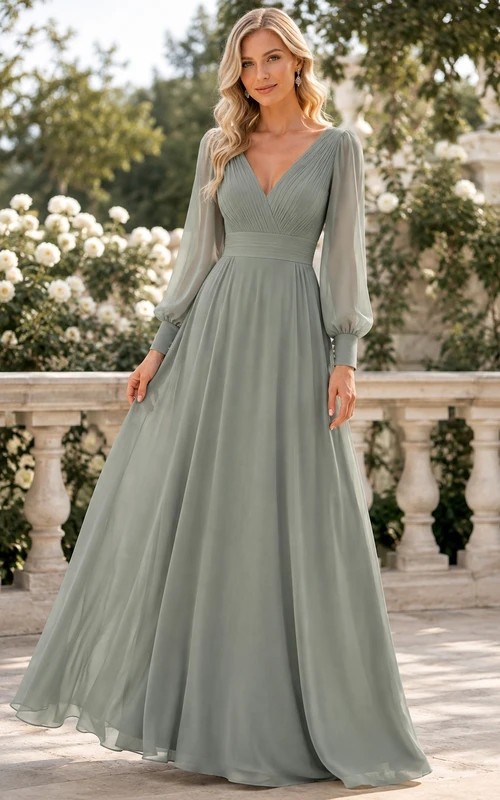 Sage Long Poet Sleeve V-Neck Chiffon A-Line Floor-Length Modest Formal Dress