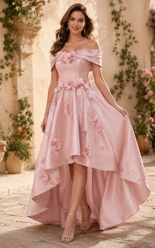 Blush Off-Shoulder Floral Applique Satin A-Line High-Low Court Train Prom Dress