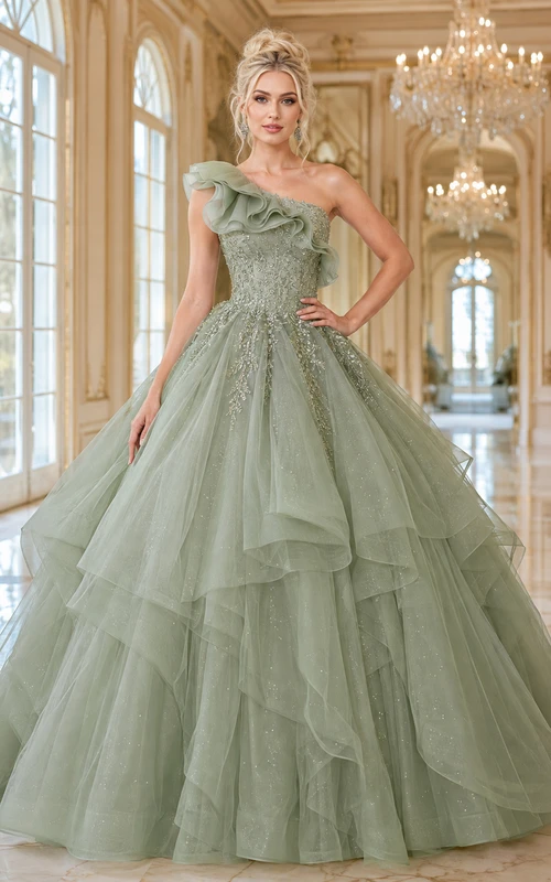 Vestido de gala largo hasta el suelo, de lujo, color celadón, con un solo hombro, lentejuelas, tul y volantes en cascada, ideal para quinceañeras o graduaciones.