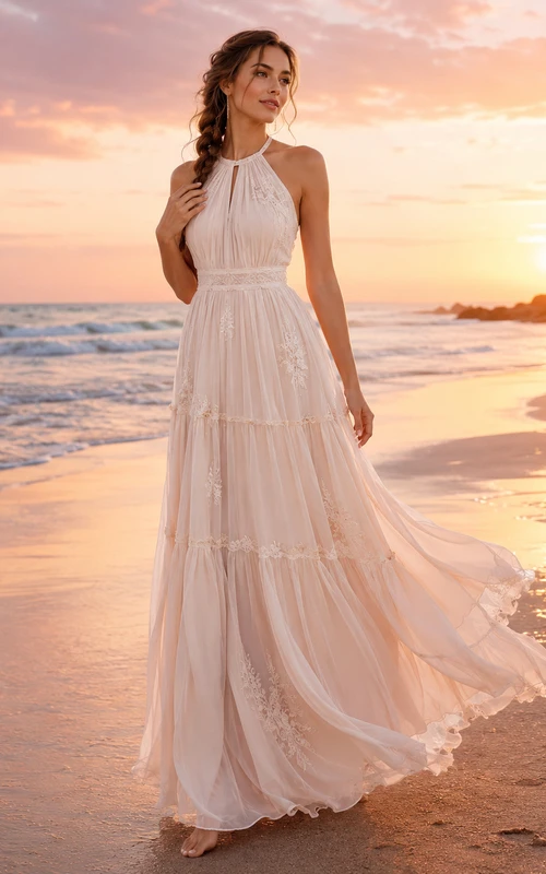 Halter Tiered Chiffon Beach Boho Sunset Wedding Dress