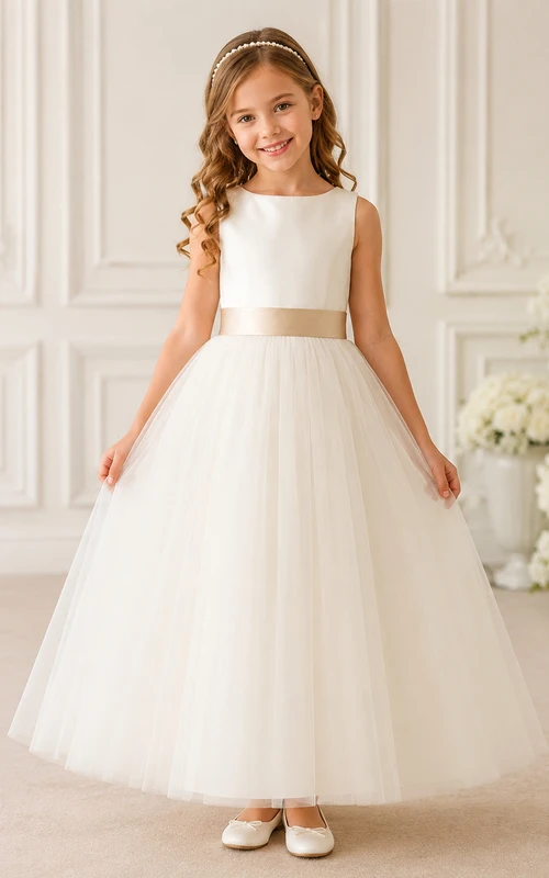 Klassisches A-Linien-Kleid aus Tüll für Blumenmädchen mit Rundhalsausschnitt, wadenlangem Rock und Schleifendetail