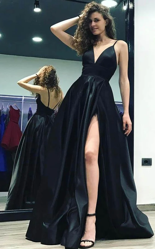 Ärmelloses A-Linien-Kleid aus Satin mit Spaghettiträgern, V-Ausschnitt und Reißverschluss
