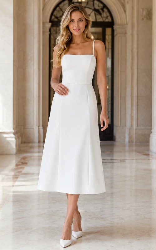 Robe de mariée civile en satin, coupe trapèze, bretelles fines spaghetti, col carré et longueur thé, style moderne et simple, idéale pour une cérémonie civile.