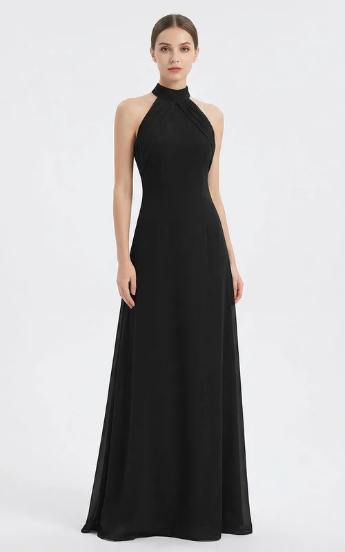 Robe de soirée en mousseline à col montant et dos nu