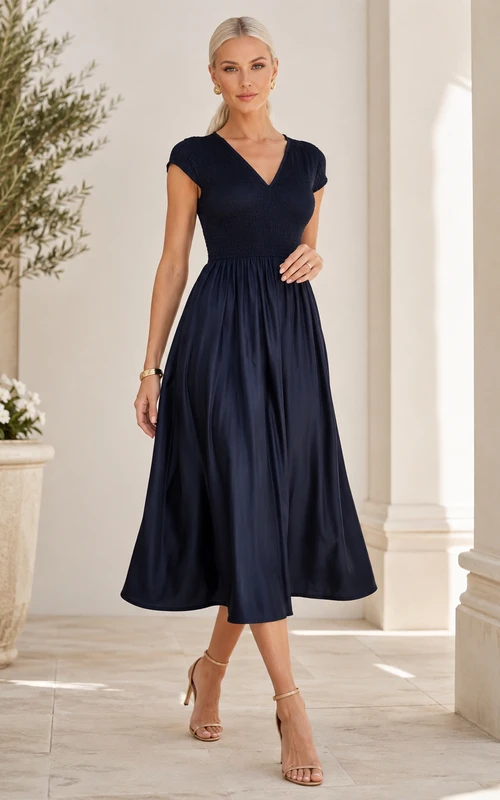 Dark Navy V-Neck Cap-Sleeve Smocked Satin Simple A-Line Guest Dress