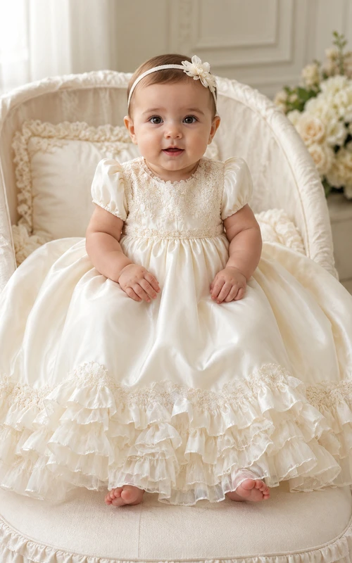 Robe de baptême pour bébé, ourlet volanté, bustier en dentelle, longueur thé, romantique, adorable et élégante en tulle