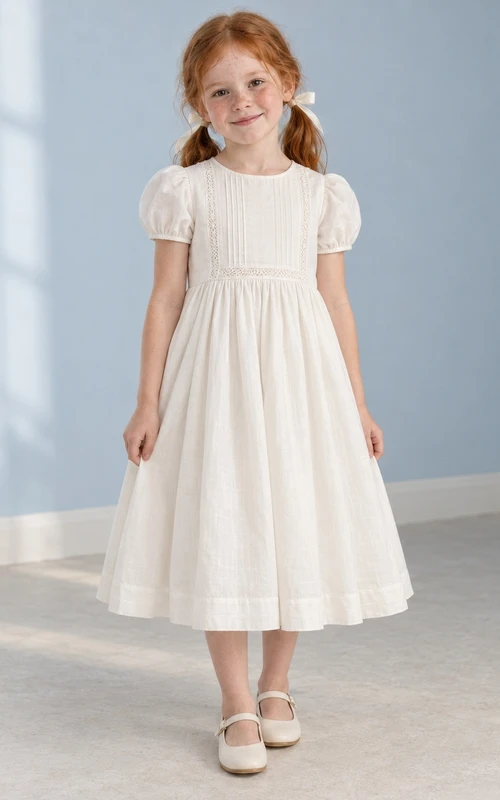Robe de demoiselle d'honneur simple et modeste, longueur thé, couleur ivoire, manches courtes bouffantes, délicatement bordée de dentelle, plis piqués et boutonnée au dos.