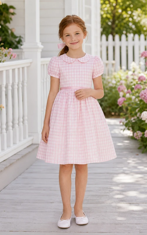 Blushing Pink Gingham A-Line Taffeta Flower Girl Dress, Short Sleeve T-shirt, Jewel Neck, Knee-Length Garden