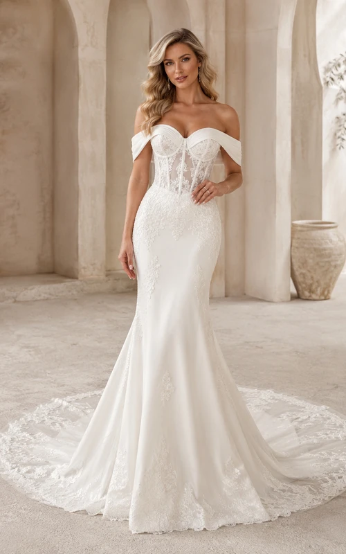 Robe de mariée sirène en satin et dentelle, épaules dénudées, manches courtes, traîne chapelle, coupe sculpturale, style jardin.