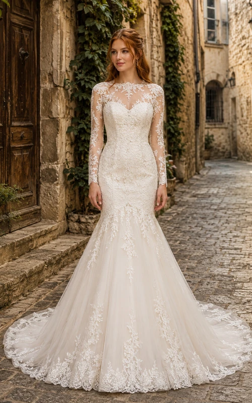 Modest Lace Tulle Wedding Dress Mermaid Jewel Neck Long Sleeve Chapel Train Bridal Gown