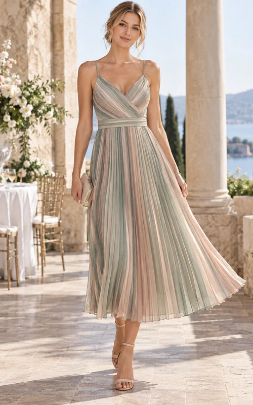 Vestido de fiesta de gasa de corte A con tirantes finos y plisado a rayas suaves, largo hasta la rodilla, ideal para invitadas de boda.