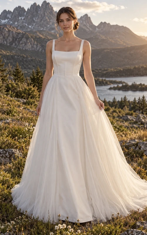 Einfaches Brautkleid in A-Linie mit eckigem Ausschnitt, breiten Tüllträgern