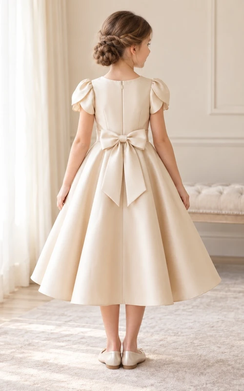 Schlichtes champagnerfarbenes, teelanges Blumenmädchenkleid aus Satin mit überlappenden Blütenblattärmeln, gefalteter Schleife und kompletter Satinverzierung