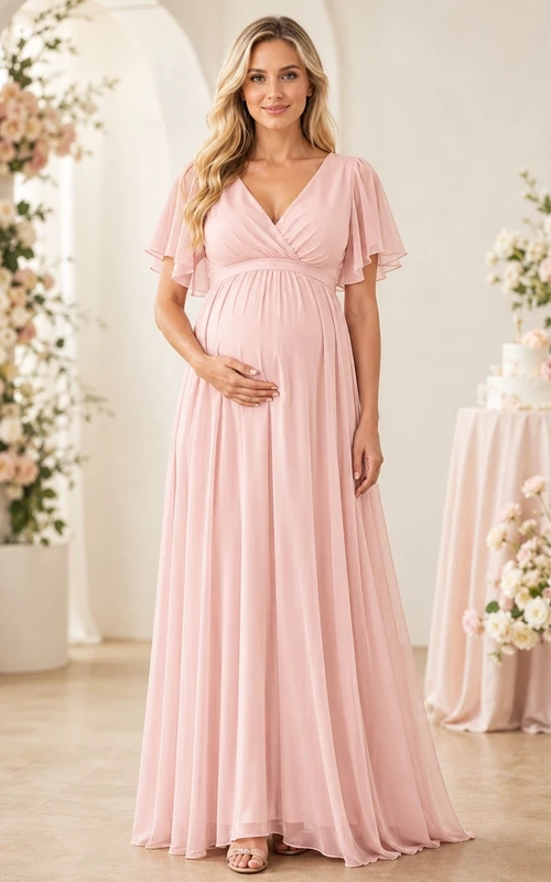 Maternity Empire Formal V-neck Flutter Sleeve Chiffon Floor-length Dress