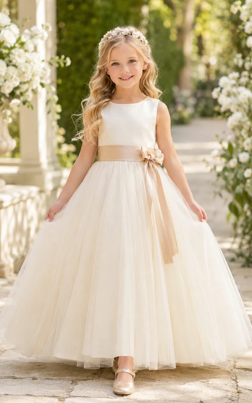 Klassisches A-Linien-Kleid aus Tüllspitze für Blumenmädchen mit kurzen Ärmeln, Rundhalsausschnitt, wadenlangem Rock und Schleifendetail.