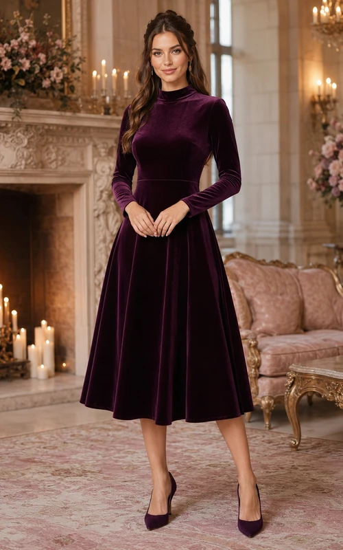 Plum High Neck Long Sleeve Velvet A Line Tea Modest Castle Guest Dress