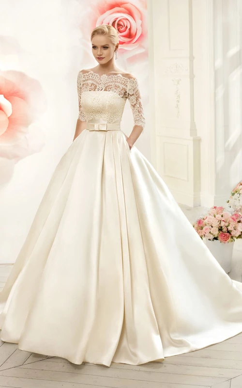 Ballkleid, bodenlang, schulterfrei, halbärmelig, Illusion-Satinkleid mit Spitze