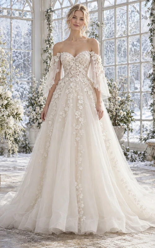 Vestido de novia de invierno de manga larga, hombros descubiertos, capa de organza con apliques florales y corte en A