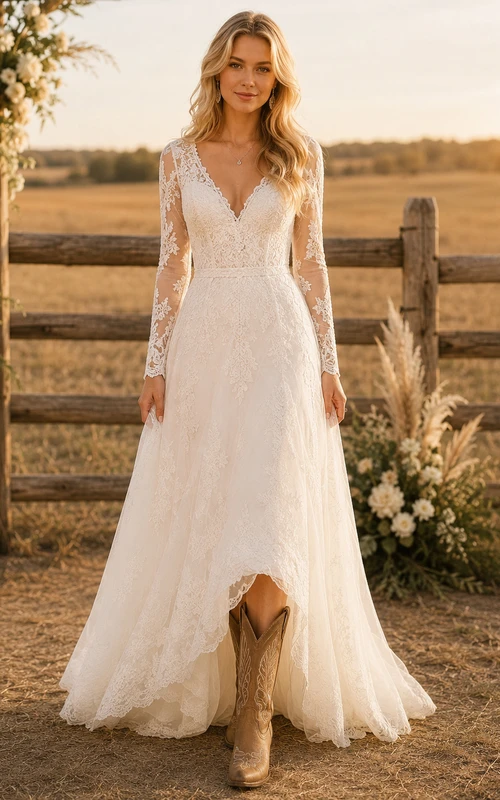 Western Rustic Lace A-Line Long Sleeve Wedding Dress With Boots