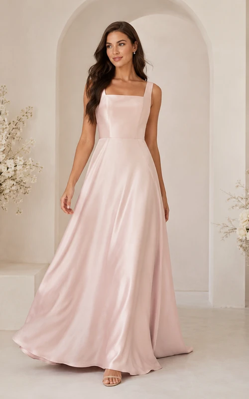 Robe de mariée simple en satin rose poudré, col carré et bretelles carrées, coupe trapèze.