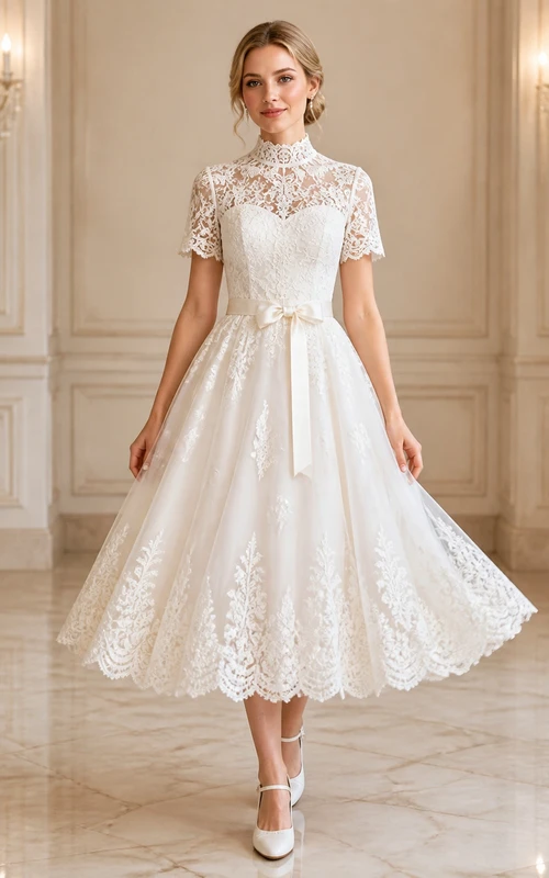 Vestido de novia romántico de corte A hasta la rodilla con cuello alto y mangas cortas