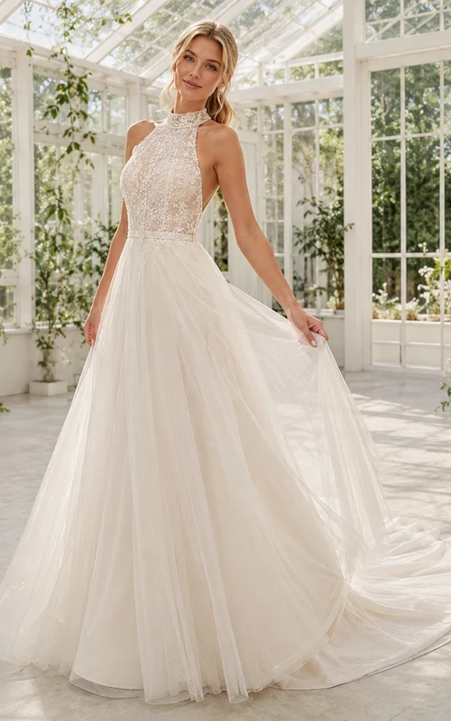 Vestido de novia de cuello alto, corte A, encaje y tul con espalda descubierta
