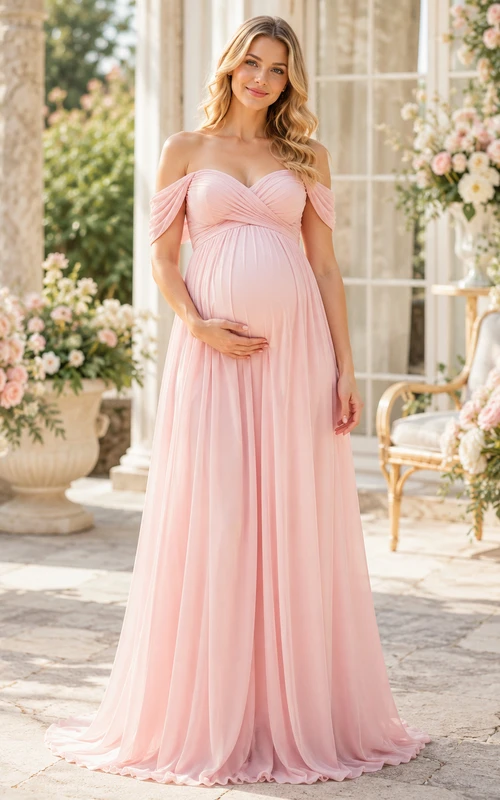 Vestido de fiesta formal de gasa rosa rubor para baby shower, largo hasta el suelo, con escote corazón y hombros descubiertos.