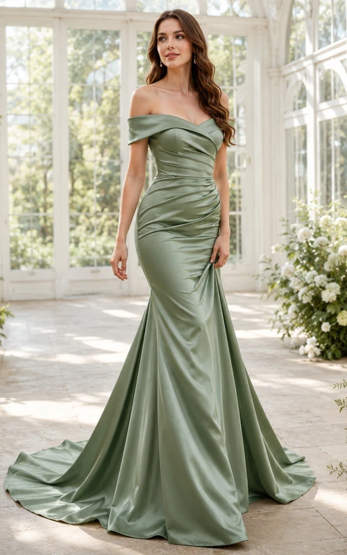 Robe de mariée sirène en satin drapé, épaules dénudées, traîne chapelle, couleur sauge