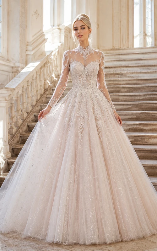 Robe de mariée de bal en dentelle perlée à manches longues et col montant, traîne chapelle illusion