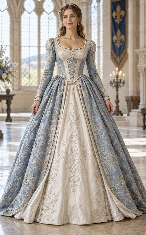 Robe de bal médiévale à manches longues en brocart bleu acier avec corset