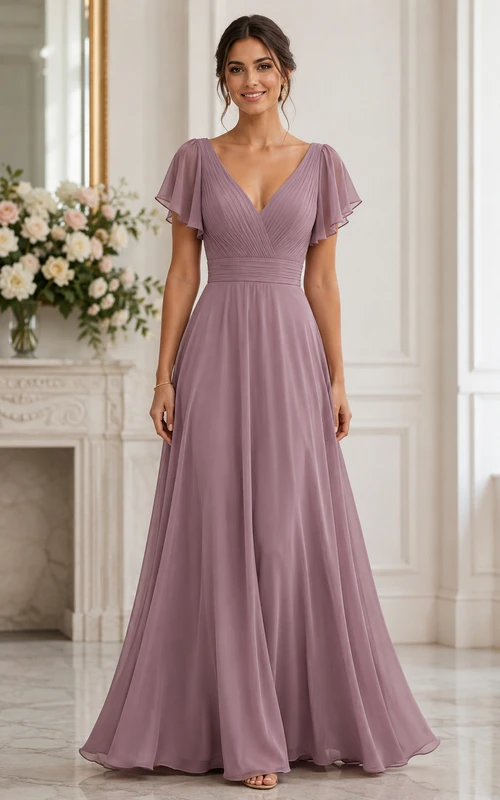 Vestido de dama de honor vintage de gasa color malva con escote en V y manga corta, corte en A.