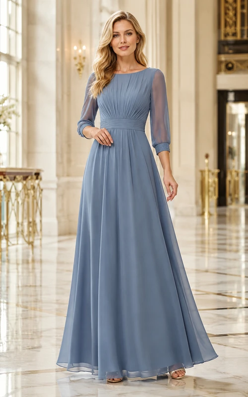 Dusty Composure Stahlblaues, bodenlanges A-Linien-Kleid aus Chiffon mit U-Boot-Ausschnitt und Dreiviertelärmeln – ein schlichtes, elegantes Abendkleid